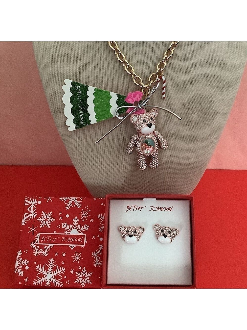 Betsey Johnson Pink Bear Necklace & Earrings Set New